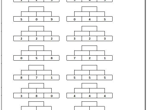 Zahlenmauern Klasse 1 Übungen, Aufgaben, Arbeitsblätter, Übungsblätter für Rechenpyramiden, Rechenmauern der 1. Klasse Zahlenraum 1 bis 20.