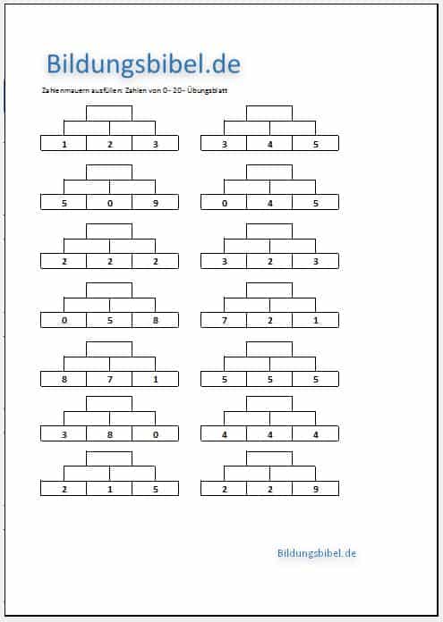 Zahlenmauern Klasse 1 Übungen, Aufgaben, Arbeitsblätter, Übungsblätter für Rechenpyramiden, Rechenmauern der 1. Klasse Zahlenraum 1 bis 20.