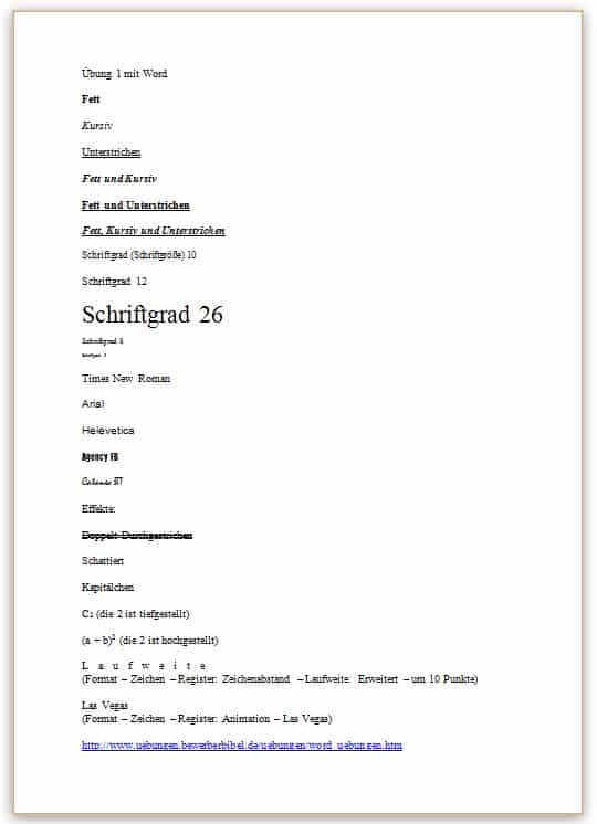 Word Übungsblatt 1 - Zeichenformatierung