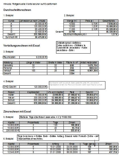 Excel Übungen zur Verteilungsrechnung, Durchschnittsrechnung sowie der Zinsrechnung