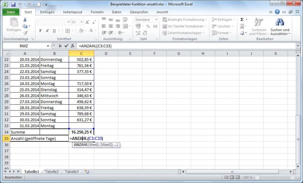 Die Funktion Anzahl in Excel Beispiel 1