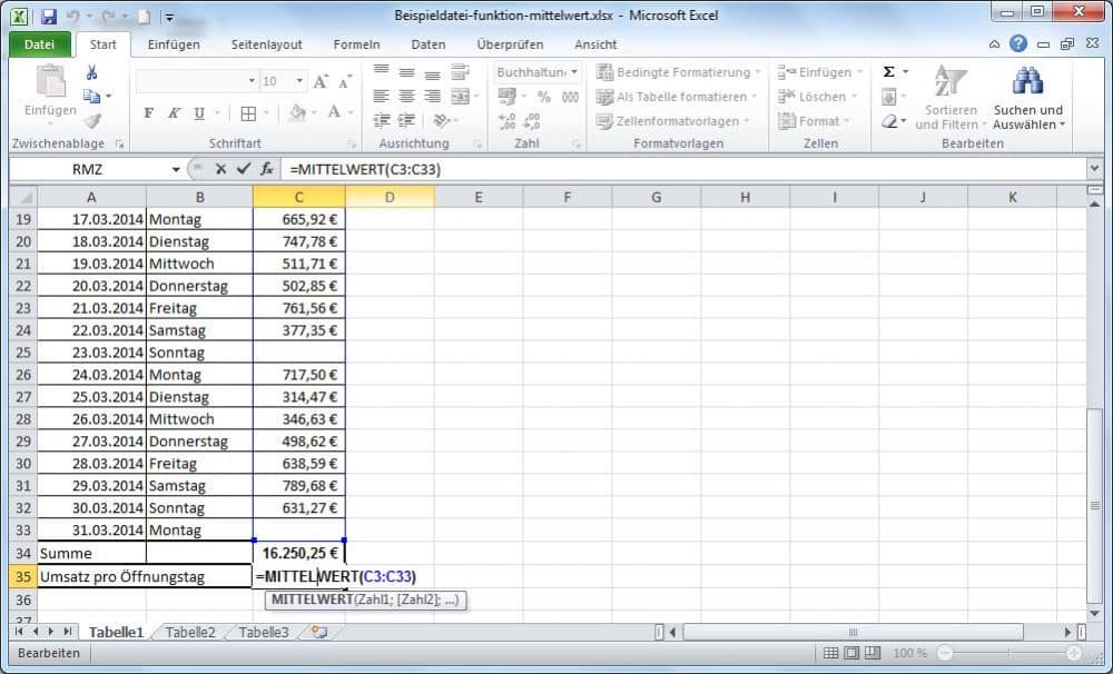 Beispiel für die Excel Funktion Mittelwert