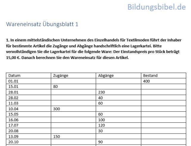 Wareneinsatz Übungen, Aufgaben, Übungsblätter, Arbeitsblätter kostenlos downloaden als PDF.