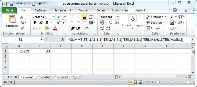 Wie kann ich in Excel die Quersumme berechnen?
