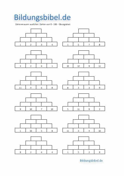 Zahlenmauern von 1 bis 100, Übungen, Übungsblätter und Arbeitsblätter mit Lösung für Mathematik Klasse 2