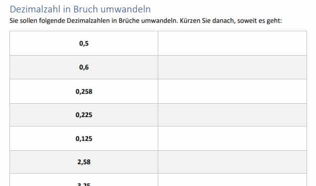 Dezimalzahlen in Brüche umrechnen Übungen, Aufgaben, Arbeitsblätter kostenlos downloaden.