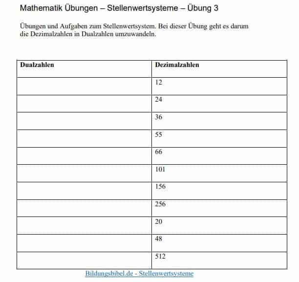 Stellenwertsysteme Arbeitsblätter Übung 3 - Dezimalzahlen in Dualzahlen umwandeln.