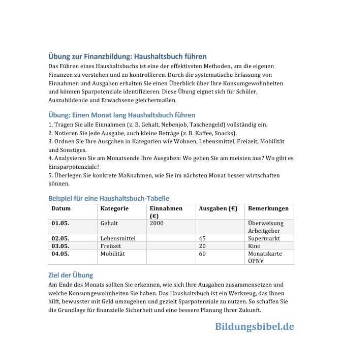 Übung zum Haushaltsbuch führen Excel, Word & PDF Vorlagen für mehr Finanzbildung