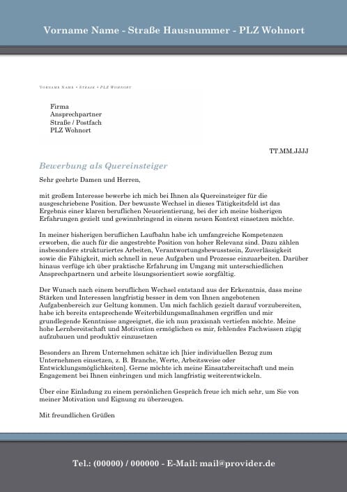Bewerbung als Quereinsteiger Vorlage für Word und PDF Bewerbung als Quereinsteiger Vorlage für Word und PDF