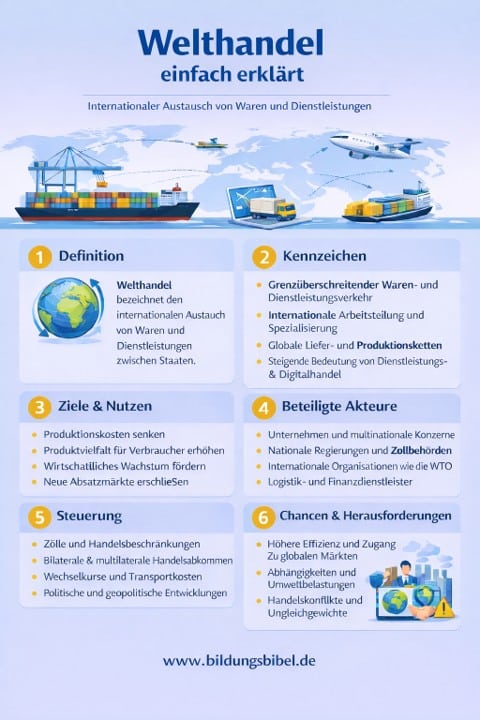 Was ist Welthandel? Definition, Bedeutung, Merkmale und Auswirkungen des internationalen Waren- und Dienstleistungsaustauschs einfach erklärt. Was ist Welthandel? Definition, Bedeutung, Merkmale und Auswirkungen des internationalen Waren- und Dienstleistungsaustauschs einfach erklärt.