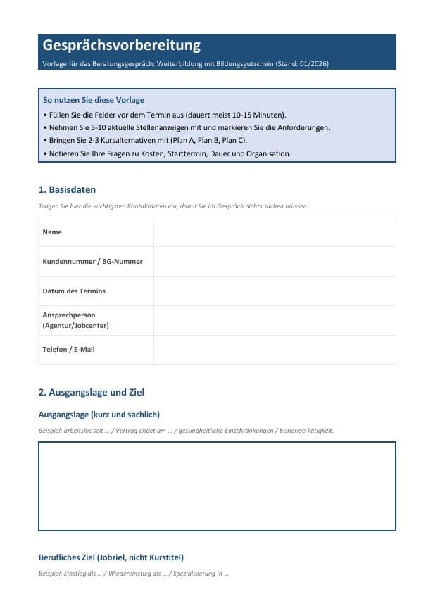 Gesprächsvorbereitung, Qualifizierungsplan für die Weiterbildung mit Bildungsgutschein bei Arbeitsagentur oder Jobcenter. Gesprächsvorbereitung, Qualifizierungsplan für die Weiterbildung mit Bildungsgutschein bei Arbeitsagentur oder Jobcenter.