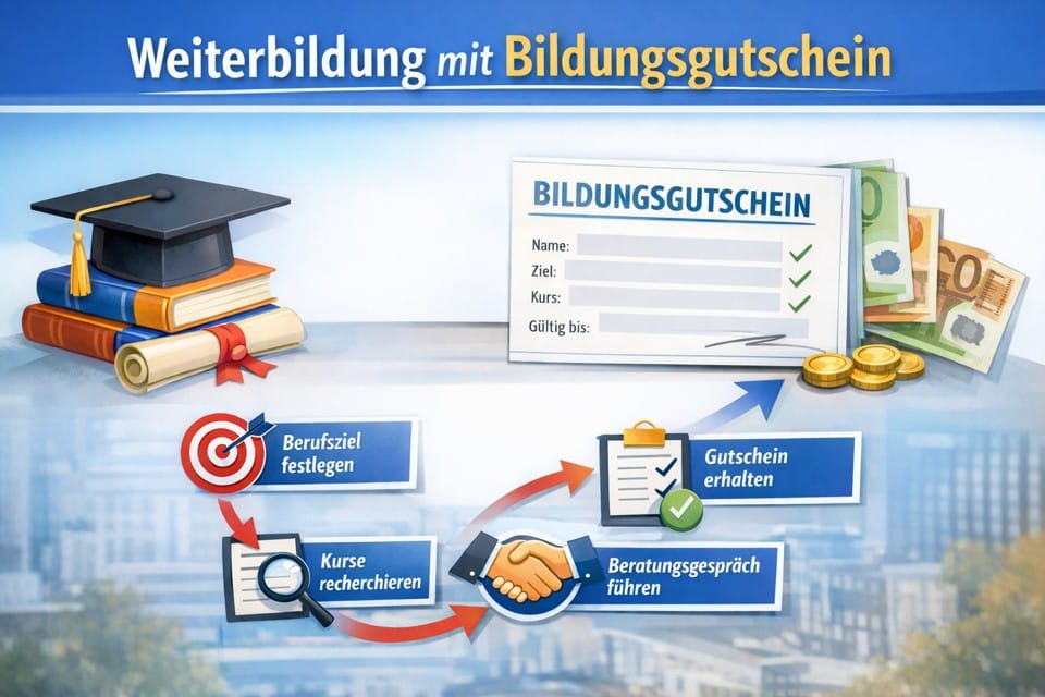 Weiterbildung mit Bildungsgutschein: Voraussetzungen, Ablauf, Kostenübernahme und AZAV erklärt. Inkl. Vorlage zur Gesprächsvorbereitung und Checkliste für den Termin. Weiterbildung mit Bildungsgutschein: Voraussetzungen, Ablauf, Kostenübernahme und AZAV erklärt. Inkl. Vorlage zur Gesprächsvorbereitung und Checkliste für den Termin.