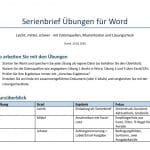 Serienbrief Übungen für Word: 3 Seriendruck-Aufgaben (leicht, mittel, schwer) mit Datenquellen, Mustertexten und Download als DOCX und PDF.