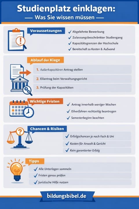 Studienplatz einklagen leicht erklärt: Voraussetzungen, Ablauf, Fristen, Kosten, Risiken und Erfolgsaussichten im Überblick. Jetzt verständlich informieren. Studienplatz einklagen leicht erklärt: Voraussetzungen, Ablauf, Fristen, Kosten, Risiken und Erfolgsaussichten im Überblick. Jetzt verständlich informieren.
