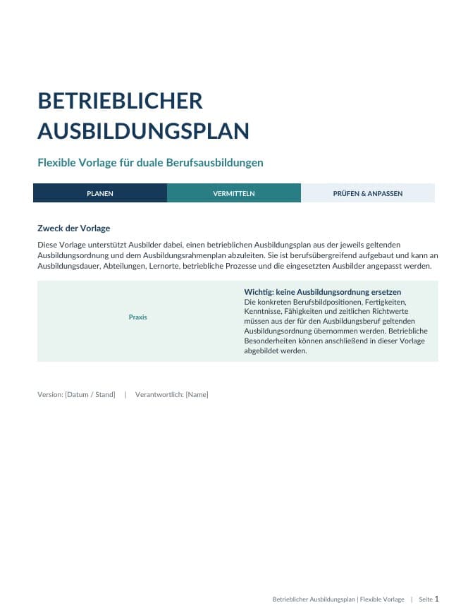 Ausbildungsplan erstellen, Inhalte, Aufbau, Beispiel und Vorlage
